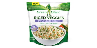This photo provided by Green Giant shows a package of one of the company's 'Riced Veggies' products made with cauliflower. Green Giant is hoping the “cauliflower rice” trend can help it modernize its image and turn around declining sales. The company is introducing frozen versions of the chopped vegetable, which dieters use to lower calories in starchy dishes. Others have jumped on the trend too, including Trader Joe’s and Wegmans, which each offer house brand versions. (Courtesy of Green Giant via AP)
