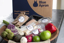 FILE - This Oct. 6, 2014, file photo shows an example of a home delivered meal from Blue Apron, in Concord, N.H. On Wednesday, June 28, 2017, Blue Apron, the meal-kit delivery company, slashed the price it expects to sell its shares by as much as 40 percent, a sign that the company may be having trouble attracting investors. (AP Photo/Matthew Mead, File)