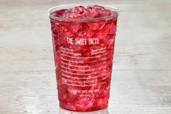 This photo provided by Panera Bread shows a 20-ounce fountain drink in a cup that lists the amount of added sugar and calories in seven of the restaurant's drinks, including cola and teas. Panera said the new cups will be available in eight cities the week of Aug. 21, 2017, including New York, Chicago and St. Louis. They will be in all the chain's more than 2,000 locations by the middle of September. (Courtesy of Panera Bread via AP)