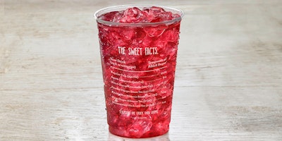This photo provided by Panera Bread shows a 20-ounce fountain drink in a cup that lists the amount of added sugar and calories in seven of the restaurant's drinks, including cola and teas. Panera said the new cups will be available in eight cities the week of Aug. 21, 2017, including New York, Chicago and St. Louis. They will be in all the chain's more than 2,000 locations by the middle of September. (Courtesy of Panera Bread via AP)