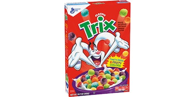 This photo provided by General Mills shows a box of Classic Trix cereal. Trix is back to its old tricks: The colorful cereal will once again be made with artificial dyes and flavors, nearly two years after they were banished from the cereal. Food maker General Mills said Thursday, Sept. 21, 2017, that Classic Trix will return to supermarket shelves in October. But it will also continue to sell the version without artificial colors and flavors. (Courtesy of General Mills via AP)