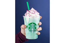 This undated photo provided by Starbucks shows the new Crystal Ball Frappuccino beverage. The sparkling candy sprinkles-festooned drink will be available for five days in the U.S., Canada and Mexico. It follows similar limited-time drinks, such as the coffee chain's color-changing Unicorn Frappuccino. (Courtesy of Starbucks via AP)