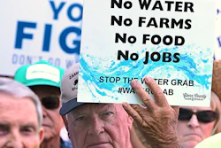 California farmers rally at the Capitol to protest a proposal by state water officials to increase water flows for the lower San Joaquin River to protect fish, at the Capitol, Monday, Aug. 20, 2018, in Sacramento, Calif. The State Water Resources Control Board is holding hearings this week concerning a plan to allow more water to flow freely down the Sacramento-San Joaquin River Delta from February to June, meaning less water will be available for farming and other needs. (AP Photo/Rich Pedroncelli)