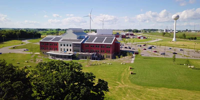 Solar Panels and Wind Turbines at Organic Valley's Cashton, Wisconsin Office Building