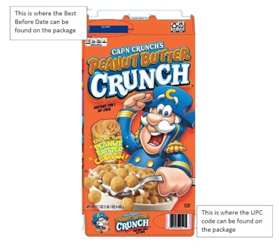 Cap’n Crunches Peanut Butter Crunch cereal and where to find the Best Before Date and UPC code. (Credit: Quaker Oats via PR Newswire)
