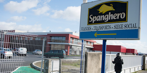 FILE - In this photo taken on Feb. 15, 2013, a person stands at Spanghero meat company in Castelnaudary, southern France. Four people are going on trial in Paris over an elaborate alleged scheme that fed consumers across Europe frozen foods containing cheap horse meat fraudulently labeled as pricier beef. (AP Photo/Bruno Martin, File)