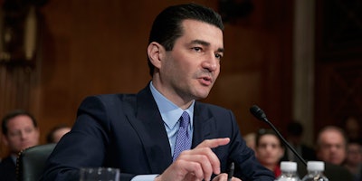 FILE - In this April 5, 2017, file photo, Dr. Scott Gottlieb speaks during his confirmation hearing before a Senate committee, in Washington, as President Donald Trump's nominee to head the Food and Drug Administration. The Food and Drug Administration Commissioner is stepping down after nearly two years leading the agency. Health and Human Services Secretary Alex Azar announced Gottlieb’s plan resignation in a statement Tuesday, March 5, 2019. (AP Photo/J. Scott Applewhite, File)