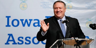 In this Monday, March 4, 2019, photo, U.S. Secretary of State Mike Pompeo speaks to the Future Farmers of America and Johnston High School students in Johnston, Iowa. President Donald Trump’s willingness to engage in international trade fights has set off volleys of retaliatory tariffs that are driving down the price of pork, corn and soybeans in Iowa and elsewhere. Pompeo sought to calm some of those nerves Monday even as he warned that Chinese theft of technology affects agriculture, too. “The good news is this _ help is on the way,” Pompeo said. (AP Photo/Charlie Neibergall)