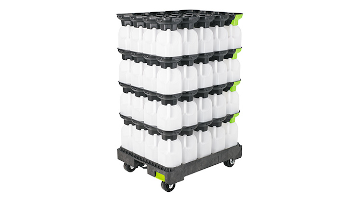 The XpressBulk Milk Delivery System is comprised of a dolly, removable handle and four plastic contoured trays.