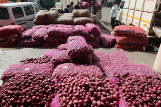 This Dec. 16 photo shows bags of onions lying at a market in Ahmadabad, India.