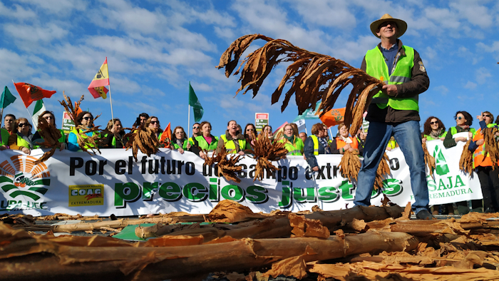 Farmers protest blocking the motorway near Navalmoral de la Mata in Caceres province, Spain, on Tuesday, February 18. Farmers in fluorescent yellow vests have begun blocking highways in southwestern Spain with tractors and other vehicles in the latest mass protest over what they say are plummeting incomes for agricultural workers.