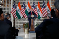 President Donald Trump speaks with business leaders at a roundtable event at Roosevelt House on Tuesday, Feb. 25 in New Delhi, India.