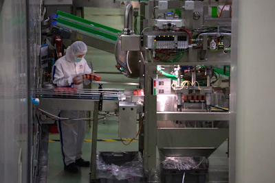 In this Thursday, Feb. 27, 2020, photo, a worker checks yogurt coming off the production line at the Mengniu dairy factory in Beijing.