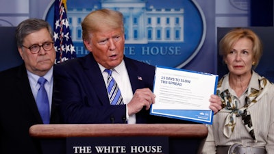 President Donald Trump speaks about the coronavirus in the James Brady Briefing Room on Monday, March 23.