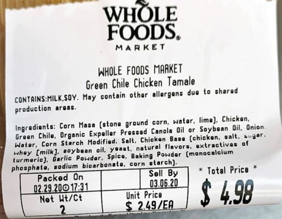 Whole Foods Recalls Green Chile Chicken Tamales for Milk Allergy