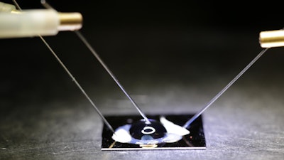 The biosensor chip - consisting of a double stranded DNA probe embedded onto a graphene transistor - electronically detects DNA SNPs.