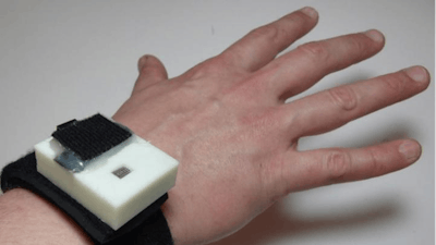 This is an early prototype of the wristband used in the Health and Environmental Tracker (HET), an integrated, wearable system that monitors a user's environment, heart rate and other physical attributes with the goal of predicting and preventing asthma attacks.