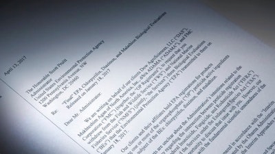 This letter obtained by the Associated Press and photographed in the news agency's Washington bureau, Wednesday, April 19, 2017, was sent to EPA Administrator Scott Pruitt by attorneys representing Dow Chemical requesting the EPA 'to set aside' the results of government studies they claimed were fundamentally flawed. Dow Chemical CEO Andrew Liveris is a close adviser to President Donald Trump. The company gave $1 million for Trump’s inaugural activities.