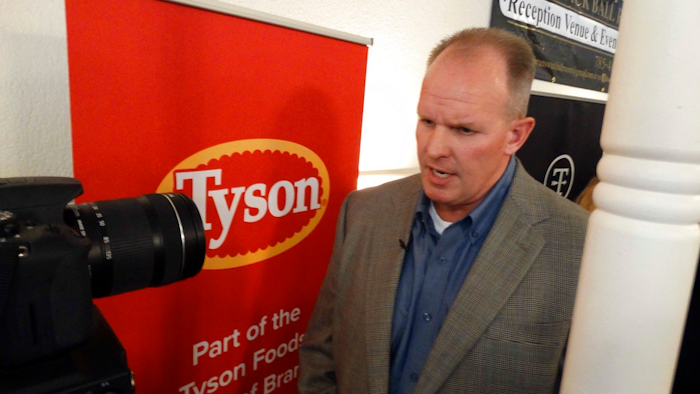 Doug Ramsey, group president of poultry for Tyson Foods Inc., answers questions from reporters about the company's plans to build a $320 million chicken-processing plant, Tuesday, Sept. 5, 2017, in Tonganoxie, Kan. The company expects the plant to employ 1,600 workers processing as many as 1.25 million birds per week.
