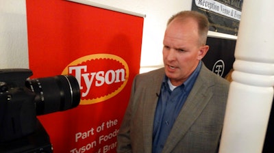 Doug Ramsey, group president of poultry for Tyson Foods Inc., answers questions from reporters about the company's plans to build a $320 million chicken-processing plant, Tuesday, Sept. 5, 2017, in Tonganoxie, Kan. The company expects the plant to employ 1,600 workers processing as many as 1.25 million birds per week.