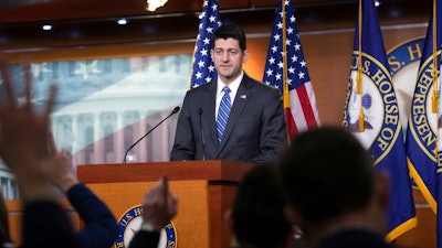 Speaker of the House Paul Ryan, R-Wis., promotes this year's renewal of the farm bill during a news conference on Capitol Hill in Washington, Thursday, May 17, 2018. GOP leaders have crafted the bill as a measure for tightening work and job training requirements for food stamps.