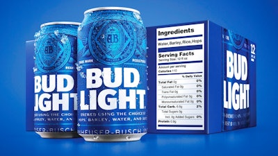 This undated product image provided by Bud Light shows a new nutrition label. Starting next month, packages of Bud Light will have prominent labels showing the beer’s ingredients and calories as well as the amount of fat, carbohydrates and protein in a serving. Bud Light is likely the first of many to make the move. The labels aren’t legally required, but major beer makers agreed in 2016 to voluntarily disclose nutrition facts on their products by 2020.
