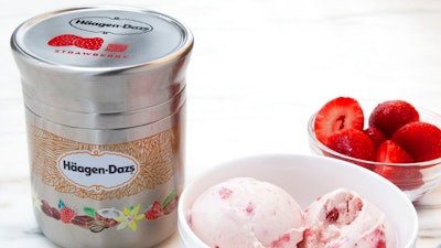This photo shows Nestle's stainless steel Häagan-Dazs ice cream container designed for use with Loop. The new shopping platform announced at the World Economic Forum aims to change the way people buy many products, from food to personal-care and home products. Loop would do away with disposable containers for some name-brand products, including some shampoos and laundry detergents. Instead, those products would be delivered in sleek, reusable containers that will be picked up at your door, washed and refilled.