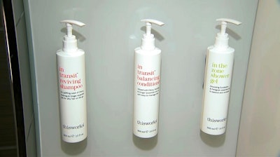 This image made from video shows bottles of shampoo, conditioner and shower gel that will replace smaller bottles of them by 2021, filmed at Marriott's headquarters in Bethesda, Md., Tuesday, Aug. 27, 2019.