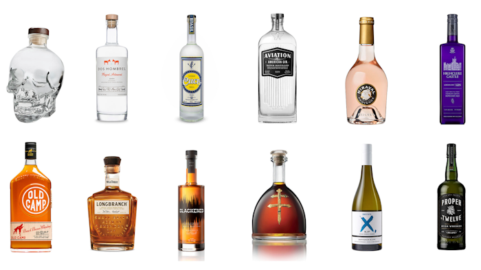 This combination photo shows a variety of celebrity spirits, top row from left, Crystal Head Vodka by Dan Aykroyd, Dos Hombres mezcal by actors Aaron Paul and Bryan Cranston, Cuca Fresca Cachaça Prata by Snoop Dogg, Aviation American Gin by Ryan Reynolds, Chateau Miraval Cotes de Provence Rose by Brad Pitt and Angelina Jolie, Highclere Castle Gin inspired by 'Downton Abbey,' bottom row from left, Old Camp peach pecan whiskey by Brian Kelley and Tyler Hubbard of Florida Georgia Line, Longbranch whiskey by Matthew McConaughey, Blackened American Whiskey by the heavy metal band Metallica, D’USSE XO cognac by Jay-Z, X SJP, a new sauvignon blanc by Sarah Jessica Parker and Proper No. Twelve Irish Whiskey by MMA fighter Conor McGregor.