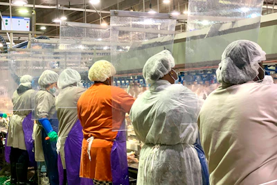 In this April photo provided by Tyson Foods, workers wear protective masks and stand between plastic dividers at the company's Camilla, GA poultry processing plant. Tyson has added the plastic dividers to create separation between workers because of the coronavirus outbreak.