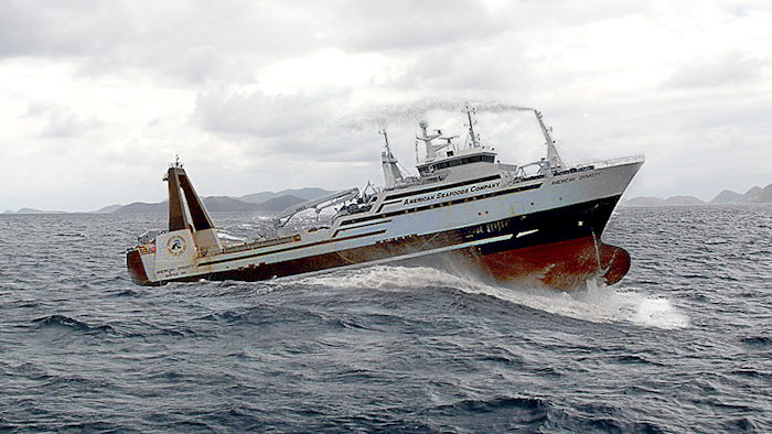 American Seafoods Company's American Dynasty fishing vessel, which measures 272 feet in length.
