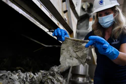 WSSC Water spokesperson holds up a wipe that was collected along with other debris at a pumping station.