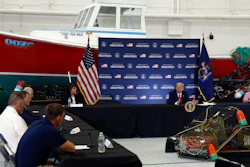 President Donald Trump speaks during a roundtable discussion with commercial fishermen at Bangor International Airport in Bangor, Maine on Friday, June 5.