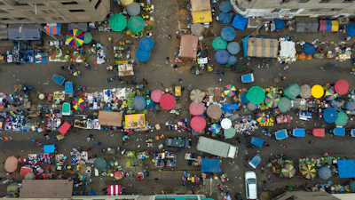 Patio umbrellas and tarps dot the landscape at La Parada market in La Victoria district, amid the new coronavirus pandemic in Lima, Peru on June 23. Peru has more than 2,600 food markets.