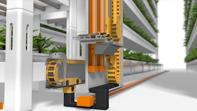 Living Greens Farm in Minnesota uses a traverse system with a 16-foot energy chain, manufactured by igus, that provides plants with a consistent supply of nutrient-rich water.