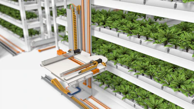 A water line set into the energy chain feeds the plants and feeds the plants, delivering about 5,417 gallons of water per hour. Living Greens Farm in Minnesota has 86 traverse systems in operation to help grow its products.