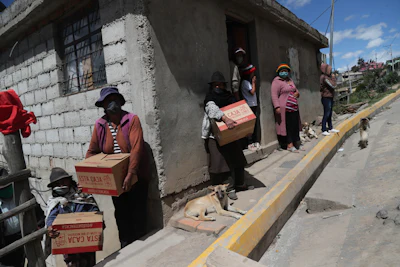 In this May 27 file photo, residents wearing protective face masks hold food boxes distributed by the government during a lockdown to contain the spread of COVID-19, on the outskirts of Quito, Ecuador.