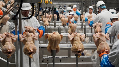In this Dec. 12, 2019 file photo, workers process chickens at the Lincoln Premium Poultry plant, Costco Wholesale's dedicated poultry supplier, in Fremont, NE.