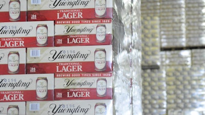 Cases of canned Yuengling Traditional Lager are stacked in the warehouse of the D.G. Yuengling & Son Brewery Mill Creek plant on July 21, 2020, in Pottsville, PA.