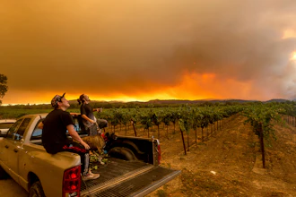 In this Aug. 20 photo, Thomas Henney, right, and Charles Chavira watch a plume spread over Healdsburg, CA as the LNU Lightning Complex fires burn.