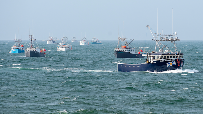 Non-indigenous boats protest the launch of a Mi'kmaq self-regulated fishery by members of the Sipekne'katik First Nation, in Saulnierville, Nova Scotia on Sept. 17.