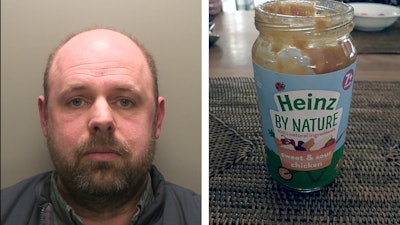 This undated file photo combination issued by Hertfordshire Constabulary shows Nigel Wright and a jar of Heinz baby food that was laced with fragments of a craft knife by Wright.