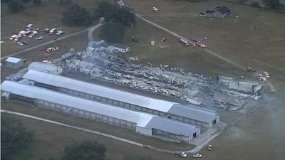 An aerial look at Cal-Maine Foods' Dade City, FL chicken farm after an overnight fire early Thursday morning.