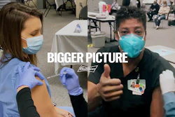 This image provided by Budweiser shows two health care workers getting vaccinated in an advertisement Budweiser is running before the Super Bowl.