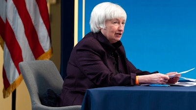 Treasury Secretary Janet Yellen speaks during a virtual roundtable with participants from Black Chambers of Commerce across the country to discuss the American Rescue Plan, Friday, Feb. 5, 2021, from the South Court Auditorium on the White House complex in Washington.