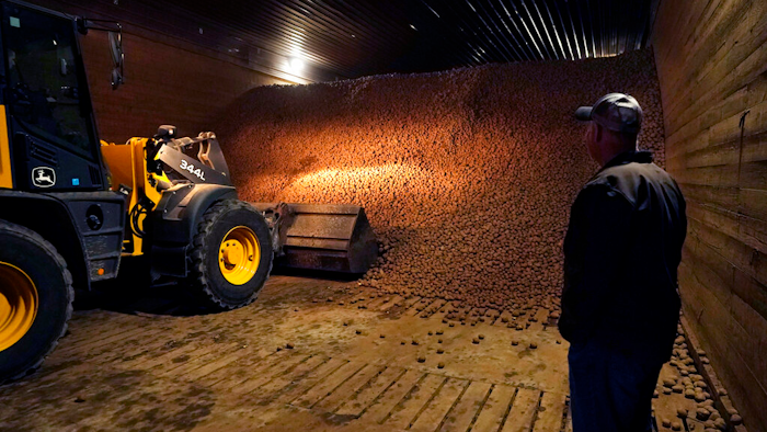 In a March 11 photo, potato farmer Brian Sackett watches as potatoes are moved from a storage bin at his farm in Mecosta, Mich.