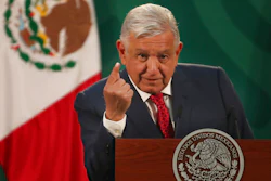 Mexican President Andrés Manuel López Obrador gives his daily morning press conference at the National Palace with the presence of the visiting Bolivian President Luis Arce in Mexico City, on March 24