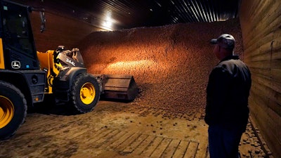 In a March 11 photo, potato farmer Brian Sackett watches as potatoes are moved from a storage bin at his farm in Mecosta, Mich.