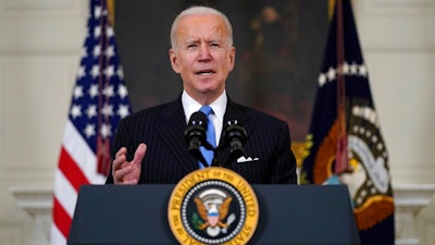 President Joe Biden speaks about efforts to combat COVID-19, in the State Dining Room of the White House, Tuesday, March 2, 2021, in Washington.