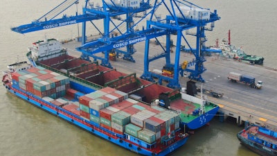 An aerial view of a container port on the Yangtze River in Nantong in eastern China's Jiangsu province on April 8.